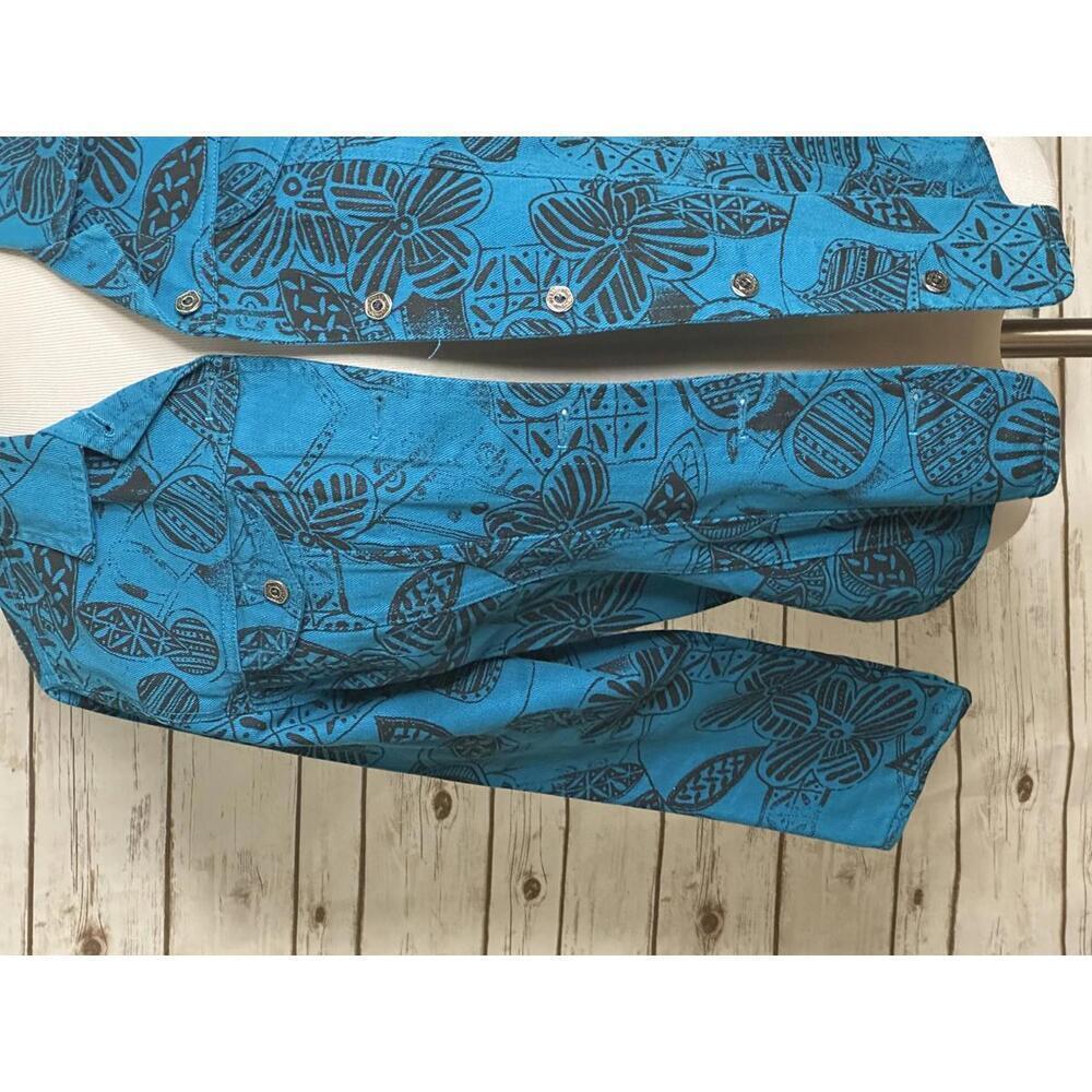 Chico's teal/black artsy tribal floral cotton denim jacket Size 1/Med/8 - Picture 3 of 7
